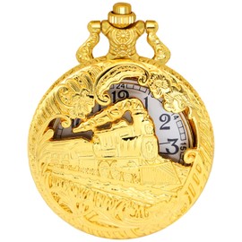 Tiong Vintage Gold Locomotive Pocket Watch for Men Arabic Numerals Dial Hollow Train Design Men's Pocket Watches with Chain