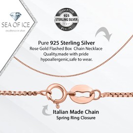SEA OF ICE Chain Necklace 925 Sterling Silver with Rose Gold Chain & Ring Clasp Closure, Italian Box Necklace Chain Necklace for Women & Men, Rose Gold Necklace, 20"