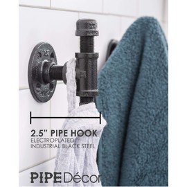 PIPE DECOR Robe and Towel Single Hook Kit Heavy Duty DIY Style, Rustic and Chic Industrial Iron Pipe with Electroplated Black Finish, Wall Mounted, Mounting Hardware Included, Oil + Rust Free (3)
