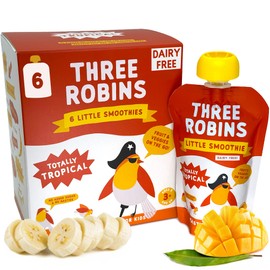 Three Robins Totally Tropical Little Smoothies, Dairy-Free Oat Milk & Tropical Fruit Blend with Hidden Veggies, Added Vitamins & Minerals, No Added Sugar, 6 x 100g Resealable Pouches, Kids Snack