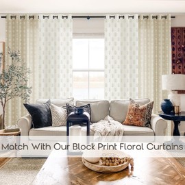 Linen Curtains 84 Inch Length 2 Panels Set,Neutral Country Boho Block Print Sheer Bedroom Living Room Curtains 84 Inches Long,Tan Beige and White