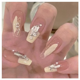 Lwenjing Nail Tip, False Nail Tip, 3D Nail Tip, Handmade Nail Tip, Wedding Nail Tip, Cute, Short, Long, Popular, Japanese Style, Bride Nails, Shiny, False Nails, Pack of 24 (B513)