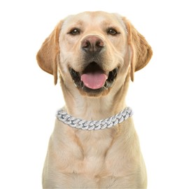 Halukakah Gold Chain Iced Out for Dogs, Diamond Cuban Necklace Collar 14 mm Platinum White Gold Plated 35 cm Size XS with Free Gift Box, Decoration Only
