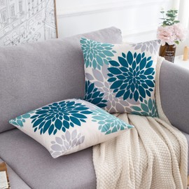 Cushion Cover 45 x 45 cm Blue Green and Grey Set of 2 Sofa Cushions Geometric Flower Linen Square Soft Cushion Covers Abstract Summer Cushion Covers for Living Room Garden Cushion