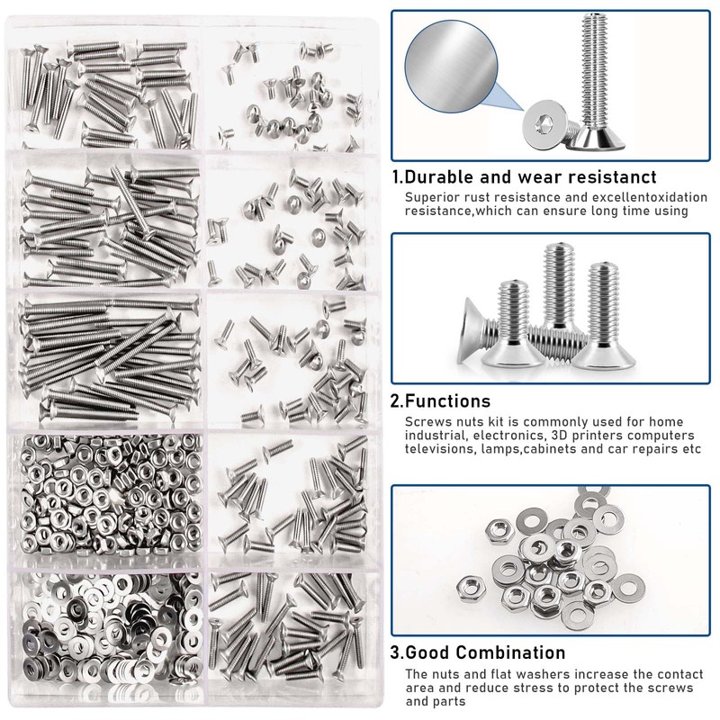 Zmbroll 500Pcs M2 x 4/5/6/8/10/12/16/20mm Countersunk Head Socket Cap Screws