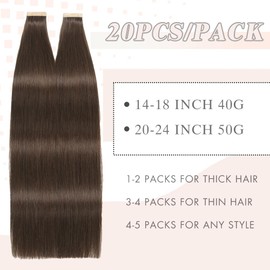 YDDM Tape-In Real Hair Extensions, 20 Pieces, 60 cm, 50 g, Dark Brown, Invisible Tape Extensions, Real Hair Tape Extensions, Skin Weft Hair Extensions (24 Inches, 2)
