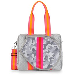 Haute Shore - Billie Rise Tennis Bag, White Camo w/Pink Orange Stripe
