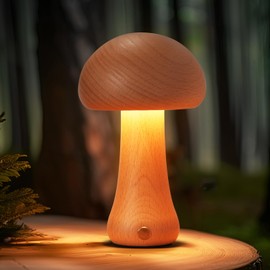 LONRISWAY Small Wood Mushroom Lamp, LED Cordless Bedside Touch Lamp, Portable Dimmable Battery Mushroom Lamp for Bedroom Nightstand