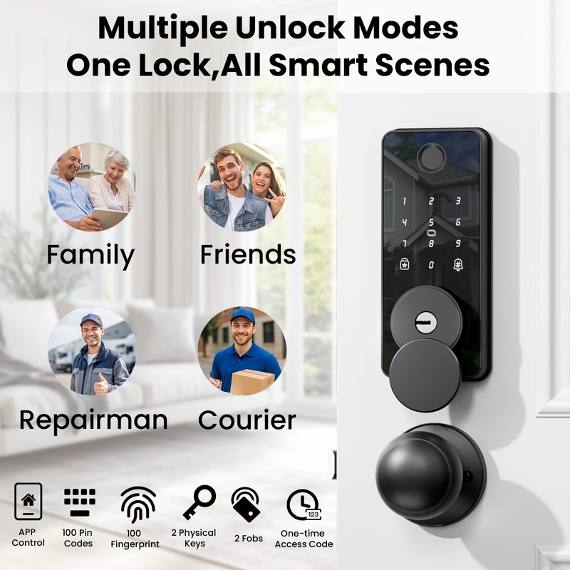 Keyless Entry Door Lock with 2 Knobs, Biquole Fingerprint Keypad