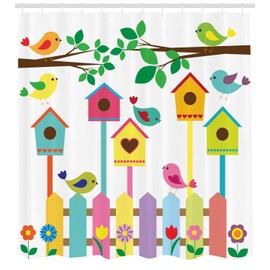 Lunarable Birds Shower Curtain, Colorful Avian Animals Birdhouses and Fence Design Childrens Cartoon Style Sketch, Cloth Fabric Bathroom Decor Set with Hooks, 84" Long Extra, Brown Green
