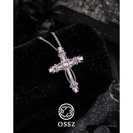 OSSZ Y2K Purple Gothic Cross Necklace for Women - Sterling Silver Purple Crystal Cross Pendant Necklace, Trendy Y2K Aesthetic Jewelry, Vintage Religious Statement Piece for her or Mother or Friend (Purple)