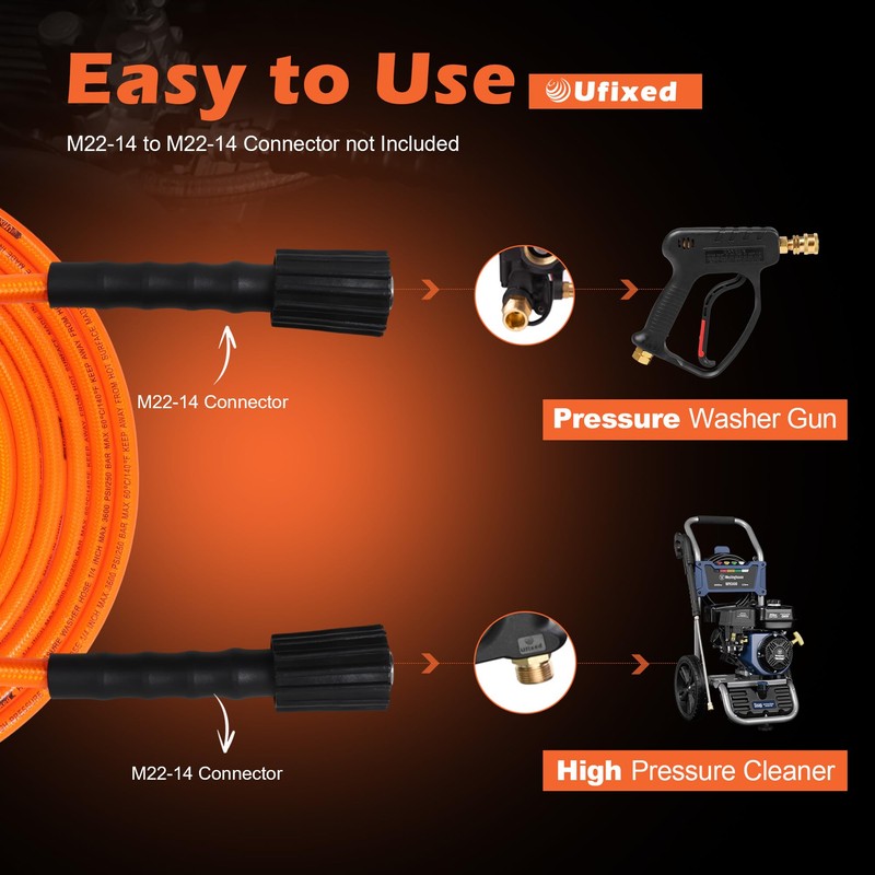 Ufixed 1/4” Pressure Washer Hose 25FT M22-14, 3600psi,Quick Connect,360° Swivel,Kink-resistant,Suit