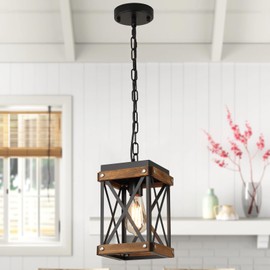 Rustic Farmhouse Wood Pendant Light Fixture One-Light Adjustable Chain Oak Wood and Metal Lantern Cage Small Pendant Lighting for Kitchen Island Sink Hallway Farmhouse Bathroom Bar, Black