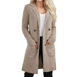 VIMPUNEC Women's Casual Open Front Long Cardigan Sweater Fall Knit Jacket Coatigan with Pockets Apricot L