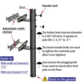 Deck Man Patio Table/Offset Umbrella Railing Holder, Stainless Steel Outdoor Umbrella Mount/Bracket for Deck Railing, Adjustable Base Width (Tube ID: 2.05")