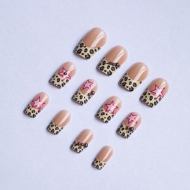 SINHOT Square Press on Nails Meium Fake Nails Glossy Glue on Nails Leopard Print Acrylic Nails Pink Star Squoval Artificial Nails French Tip Stick on False Nails with Design 24 pcs