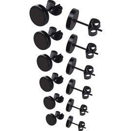 Feilok Stainless Steel Stud Earrings Set Black Round Stud Earrings Hoop Earrings Neat Earrings Kit for Women Men 3 mm - 8 mm 6 Pairs, Stainless Steel