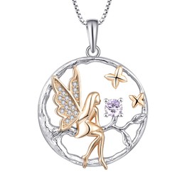 FJ Guardian Angel Pendant Necklace in 925 Sterling Silver, Tree of Life Chain, Butterfly Fairy Necklace with Birthstone, Cubic Zirconia, Jewellery Gifts for Women, Girls