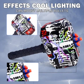 TENTAM Dart Blasting Thors Hammer Toys with Lights - Kids Roleplay Toy Thunder Mjolnir Shooting Games for Kids, Birthday Gift, Party Favors Includes 30 Darts 1 Target(Colorful)