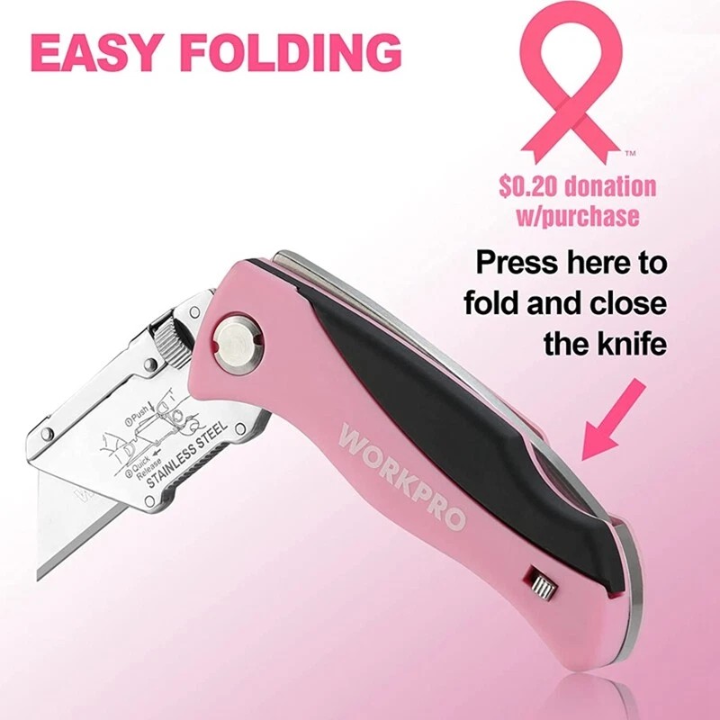 WORKPRO Folding Utility Knife Quick Change Box Cutter Pink Razor