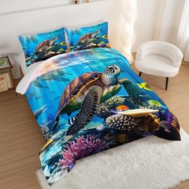 HOSIMA Coastal Beach Themed Bedding Set,Retro Turtle Comforter Queen Size for Kids Teens Boys Girls Room Decor,Underwater World Coral Fish Printed Bedding Set with 2 Pillowcases.
