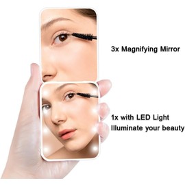 LED Lighted Travel Makeup Mirror, 1x/3x Magnification, Compact, Portable for Handbag, Purse, Pocket, Folding, Handheld, 2-Sided, Small Mirror with Lights (Cyan)