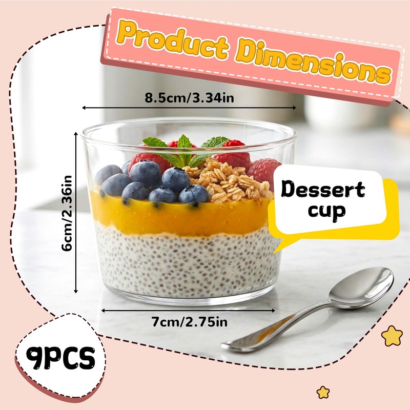 9 Pack Small Glass Dessert Bowls, 8 Oz Clear Dessert