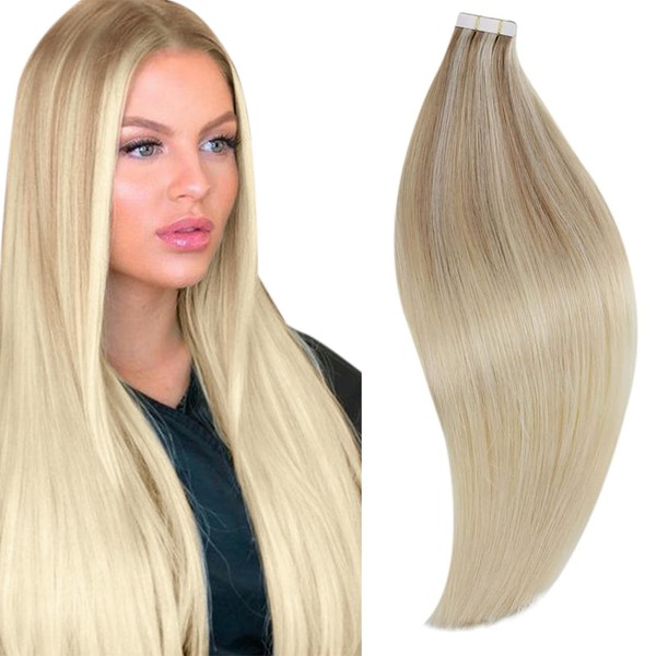 RUNATURE 60 cm Tape-In Extensions Real Hair Blonde Ombre Straight Tape Real Hair Extensions Invisible 20 Pieces / 50 g Tape in Hair Extensions Real Hair Colour Balayage Ash Blonde with Medium Blonde