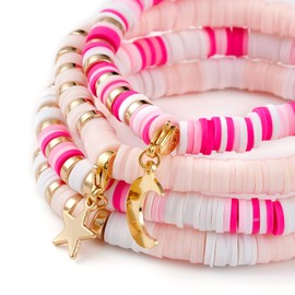 WEWAYSMILE Heishi Surfer Bracelets Set Clay Disc Beads Polymer Rainbow Bracelet Elastic Rope Bracelet Set Summer Beach Jewelry 8 Pieces Clay, clay