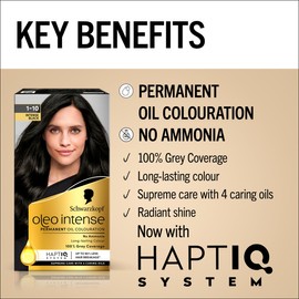 Schwarzkopf Oleo Intense Permanent Oil Colour 1-10 Intense Black Hair Dye, 100% Grey Coverage, Conditioner with HaptIQ System, Long-Lasting, Ammonia Free