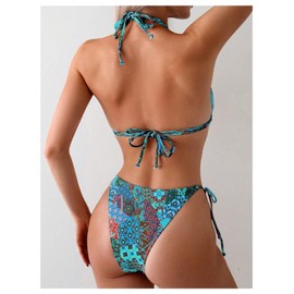 SHENHE - Traje de baño de 2 piezas para mujer con lazo lateral halter, Azul, X-Small