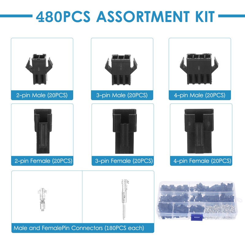 480Pcs JST 2.54mm Pitch 2-Pin 3-Pin 4-Pin Connector Housing Assortment