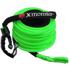 X MONSTER HMPE Synthetic Winch Rope 3/8"" x 90' with Black Protecing Sleeve for UTV/ATV Winch 18,000 lbs with 3/8"" x20” Soft Shackles (35,000bs) Green, A015-XM38