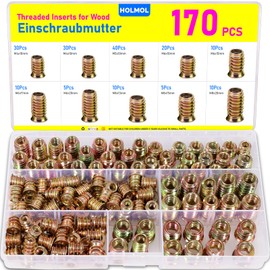HOLMOL 170PCS Threaded Inserts for Wood, 9 Sizes Threaded Insert Nuts, M4 M5 M6 M8 Flanged Hex Socket Nuts, Zinc Plated Carbon Steel Thread Insert Nut Assortment Kit for Wood Furniture