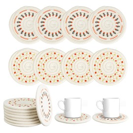 8 Pcs Drink Coaster, Absorbent Cotton Woven Coasters for Home Decor and Tabletop Protection, Cute Floral and Strawberry Motifs for Coffee Table Desk Decoration (12cm)