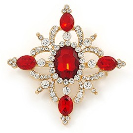 Red/Clear Austrian Crystal Diamond Shape Corsage Brooch In Gold Plating - 50mm L