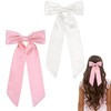 Pink & White Hair Bows - Long Tail Ponytail Clips