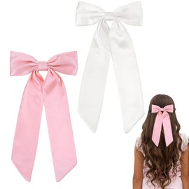 Pink & White Hair Bows - Long Tail Ponytail Clips - Retro 90s Party & Wedding Hair Accessories for Women & Girls