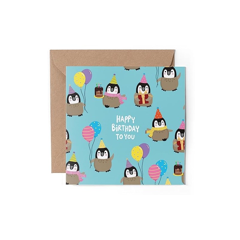 1 x Greeting Card - Happy Birthday Penguin Balloons Party