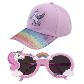 EDLMKM Girls Unicorn Baseball Cap And Sunglasses Set, Girls Summer Hat, Rainbow Unicorn Purple Baseball Cap Kids Sunglasses Set, Cute Toddler Hat For Kids