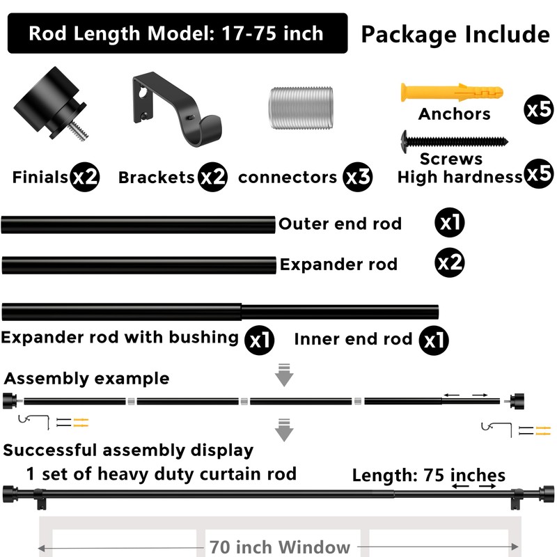 Black Curtain Rod 17 to 75 inch for Window 70
