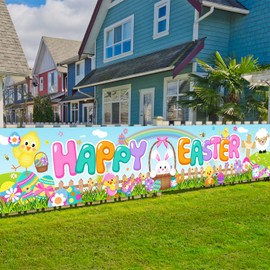 Easter Decorations Happy Easter Banner Blue Easter Bunny Banner Easter Hang Porch Banner Easter Yard Sign for Wall Yard Fence Spring Theme Party Indoor Outdoor(Banner)