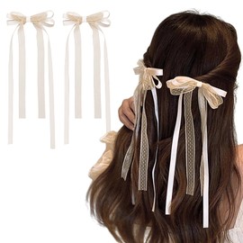 Fesanla Ribbon Hair Accessories, White, Bowknot, Hair Ornament, Set of 2, Hair Accessories, Lace, Hair Elastic, Sheer, Hair Clip, Graduation Ceremonies, Weddings, Recitals, Black