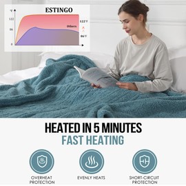 ESTINGO Electric Blanket Throw, Fast Heating Blanket with Overheat Protection, Heated Sherpa Blanket with 5 Heating Levels & 4 Hours Auto Off for Couch Office Use, Ideal Gift, 50"x60", Slate Blue
