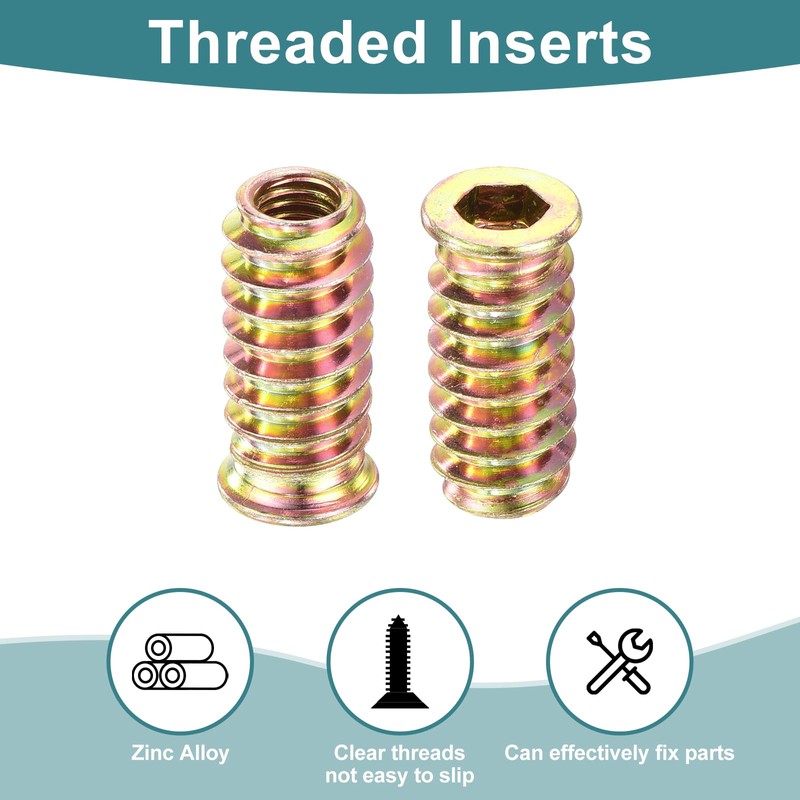 sourcing map 100Pcs Threaded Inserts, M6-1x25 Zinc Alloy Hex Socket