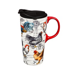 Cypress Home Ceramic Travel Cup, 17 OZ.,w/box, Chicken Collage