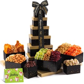 NUT CRAVINGS Gourmet Collection - Happy Birthday Treats, Nuts & Dried Fruits Tower Gift Basket with Bday Ribbon (12 Assortments) Food Arrangement, Healthy Snack Care Package, Food Assortments