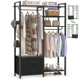 Clothes Rack for Hanging Clothes - Reversible Clothing Rack with 2 Drawers, Heavy Duty Garment Rack with Shelves, 6 Tiers Freestanding Portable Closet Wardrobe System with Hanging Hooks, Black