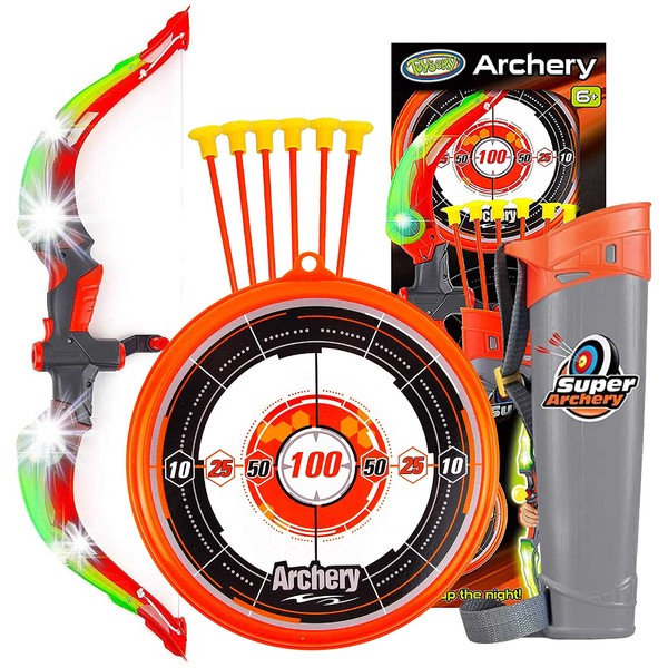 Toysery Kids Archery Set with LED Flash Lights, Toy Bow and Arrow Set for 6-8 Years Old Boys, Includes Archery Bow, 6 Archery Arrows, Target, Quiver - Great for Youth Practice (Orange)