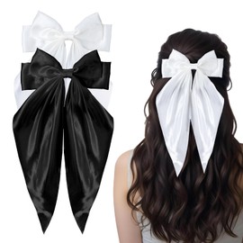 2 Pcs Silky Satin Big Hair Bows Ribbon Barrettes Clip, Oversized Satin Hair Bow Clips Metal Clips French Barrette Bow Hairbows for Women, Adult and Teens (Black And White)